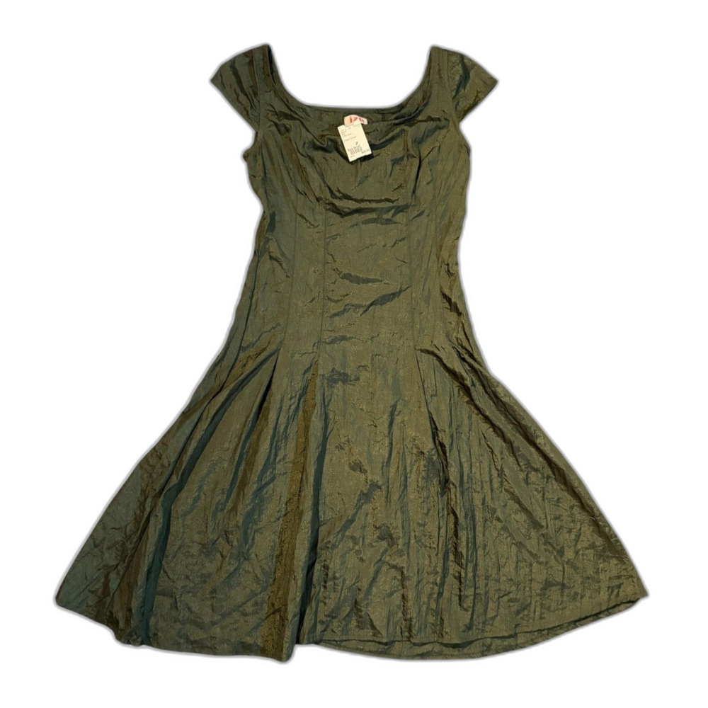 i2u Green Crinkle Cap Sleeve Fit and Flare Dress NWT S